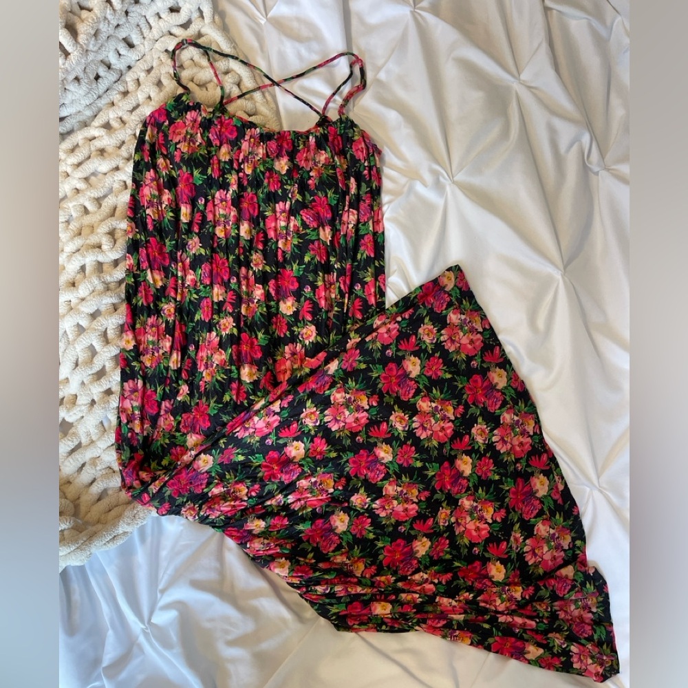Calvin Klein Black and Pink Floral Maxi Dress